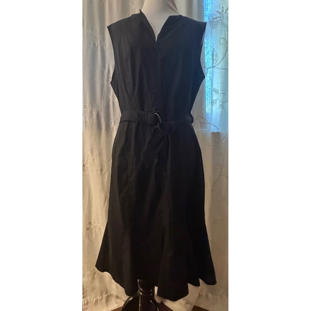 Calvin Klein Black Sleeveless Belted Midi Dress Flared Hem Size 10